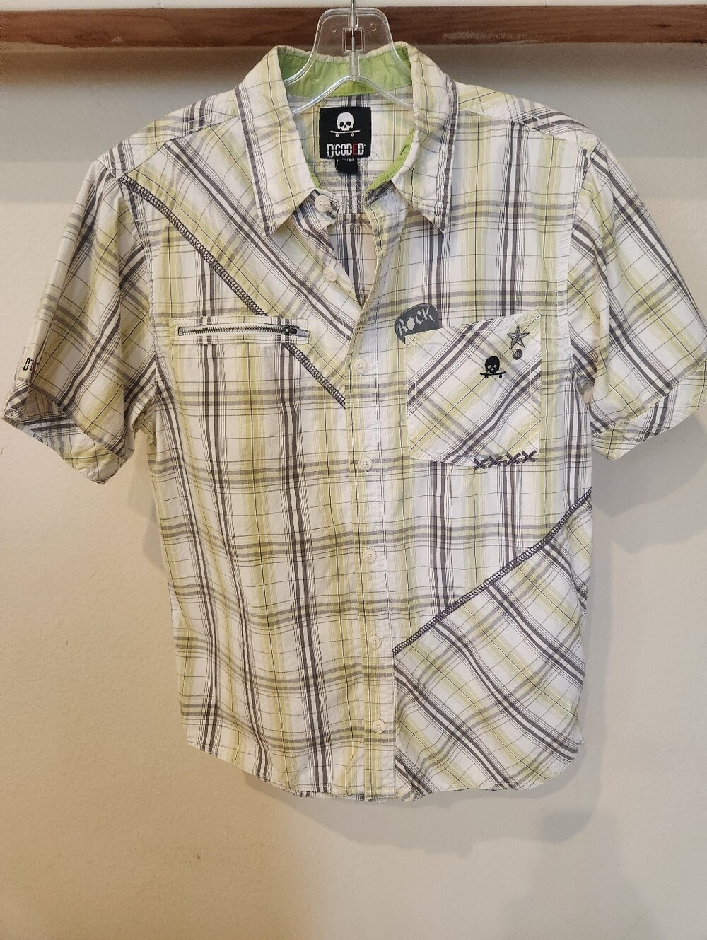 DCoded Brand Young Men's Short Sleeve Plaid Shirt - Light Green/White